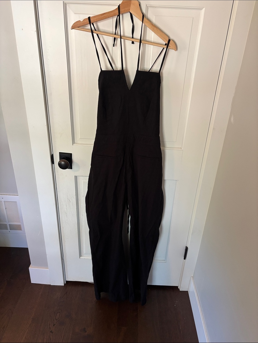 Anthropologie Black Strappy V-Neck Wide-Leg Jumpsuit with Thin Ties